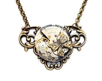 BUTTERFLY Steampunk Necklace BUTTERFLY Steampunk Jewelry Steam Punk VINTAGE Style Antique Brass Steampunk Jewelry By Victorian Curiosities