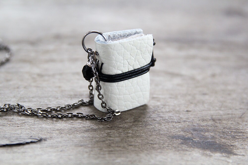 Leather miniature book necklace, mini book jewelry, book lover literature, eco friendly necklace pendant, steampunk journal necklace - white