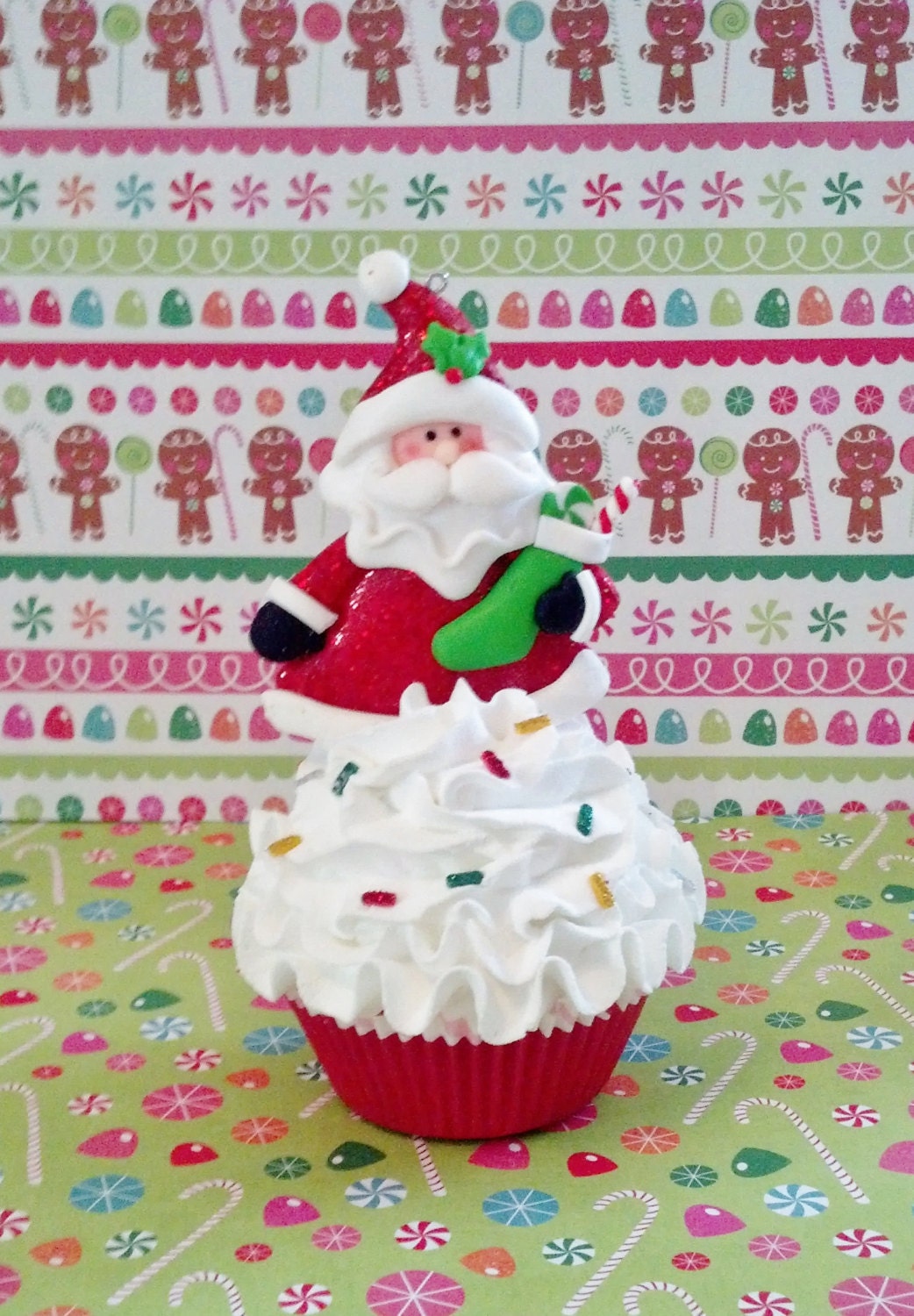 Santa Fake Cupcake Christmas Photo Prop with Handmade Sprinkles for Home Accents Holiday Decor Tree Ornaments Party Decorations Shop Display