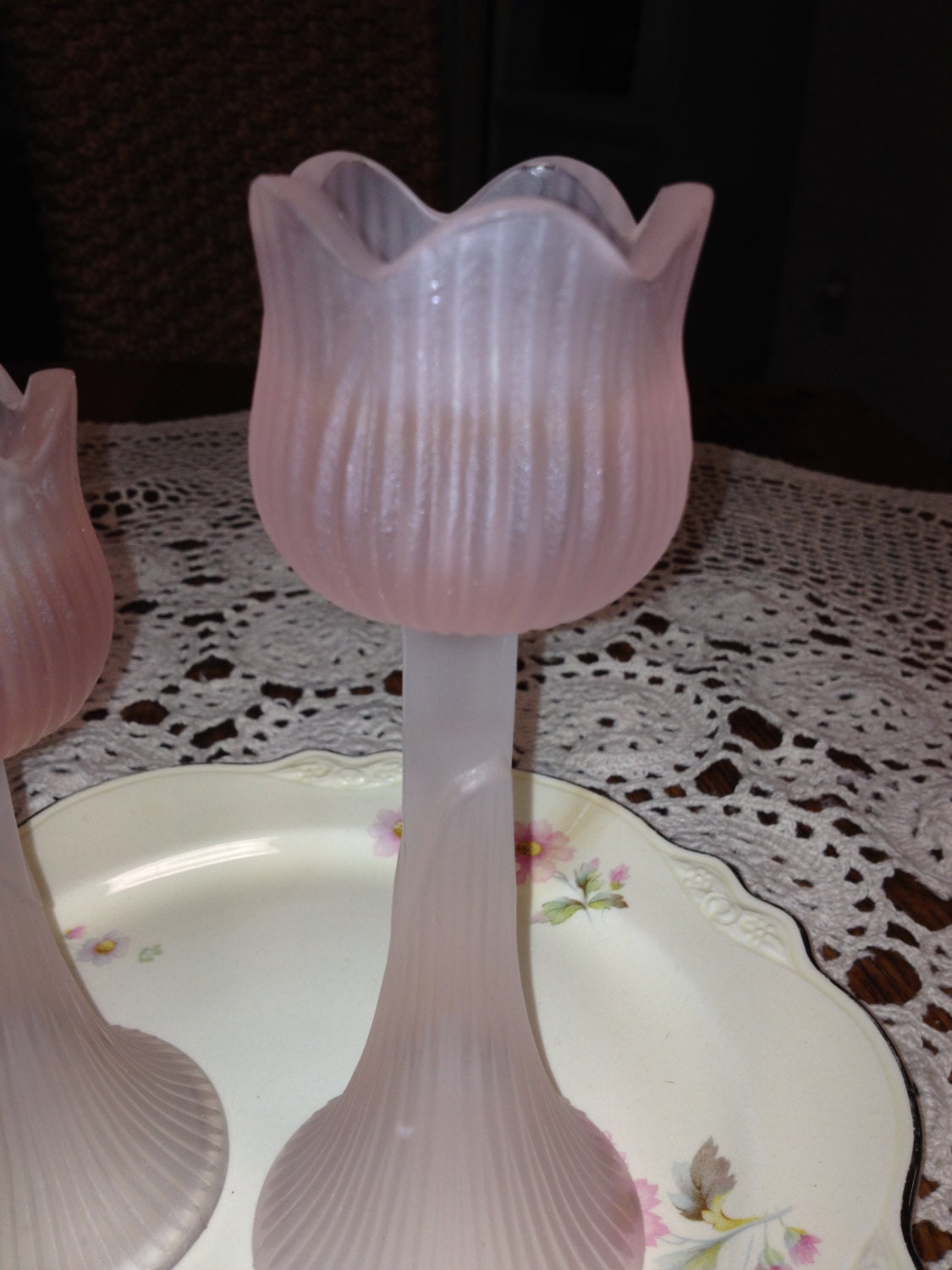 Heavy frosted Pink Glass Candle Holders