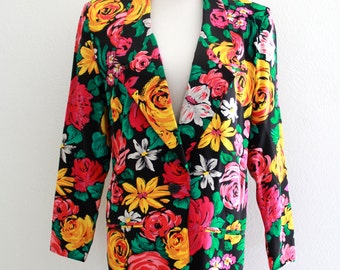 1980s Bold Flower Print Blazer St. Gillian Kay Unger Jacket Saks Fifth Avenue Oversized Style Womens Vintage Medium SALE