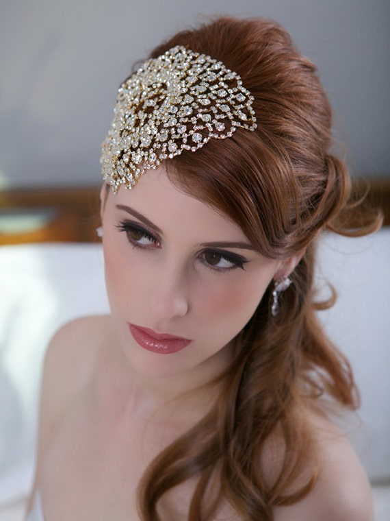 Gold Crystal Bridal Headpiece, Art Deco Crystal beaded head piece, Crystal Hair Piece Hair Comb, Crystal Wedding Hair Accessories, STYLE 143