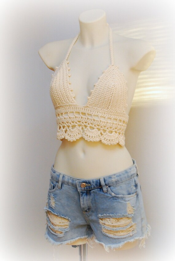 Beige halter top. Crochet crop top beautiful light beige