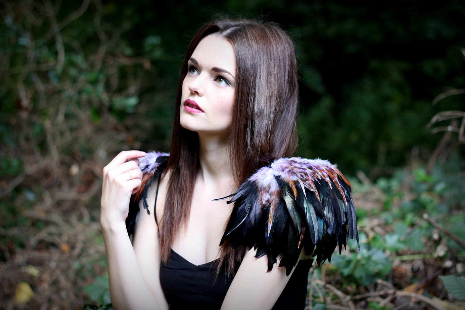 Natural, lilac and black  feather shoulder epaulette, feather wings, feather shoulder pieces