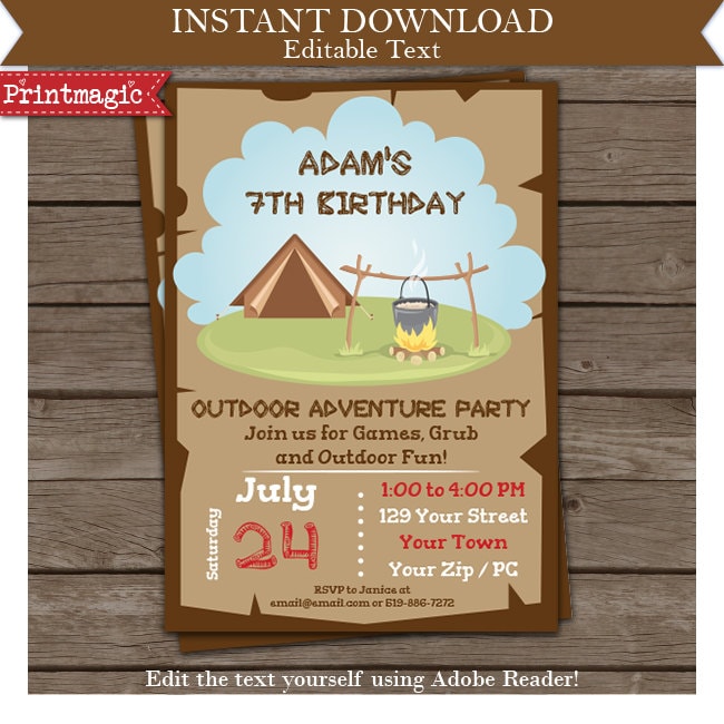 Outdoor Adventure Camping Birthday Party Invitation Camping