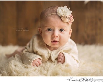 Pink and Ivory Rosette headband, pink flower headbands, cream headbands, baby headbands, newborn headbands, photography prop