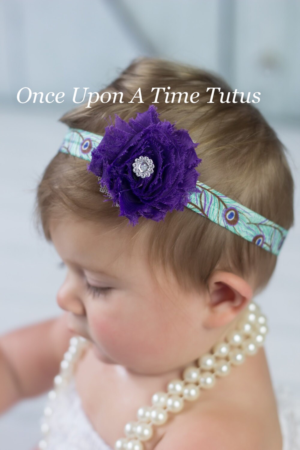 Purple Peacock Print Shabby Flower Headband - Newborn Baby Hairbow - Little Girls Hair Bow - Colorful Toddler Photo Prop