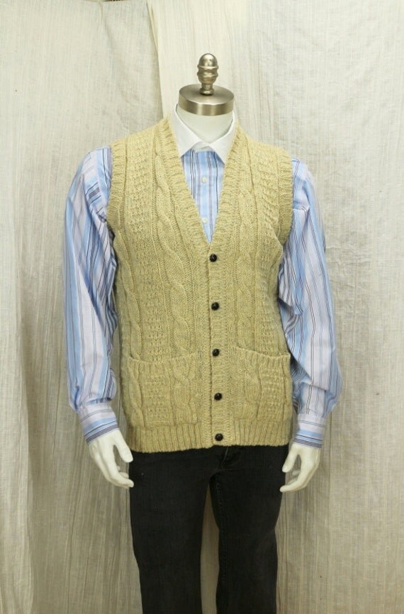 Men Cable knit sweater vest Handmade button down sleeveless Wool ...