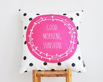 ON SALE Pink Decorative Pillow, Geometric Kids Pillow, Throw Pillow, Modern Nursery Pillow, Pink & Black Dots 16" x 16"