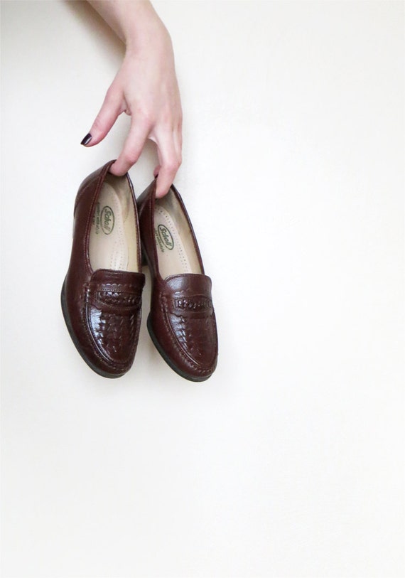 Vintage Red Brown Penny Loafers, Low Heel Flats, Leather Boat Shoes ...