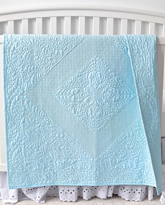 Heirloom Baby Boy Quilt with Elegant Custom Quilting on Soft Blue