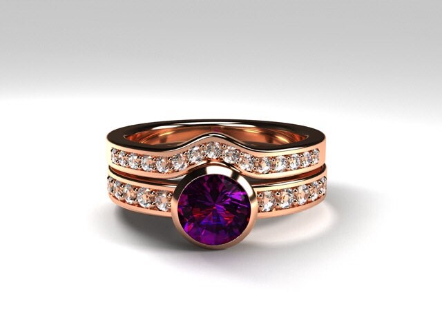 art deco rose gold amethyst engagement ring set