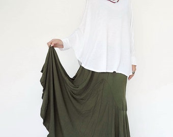 NO.136 Green Rayon Spandex Softly Softly Asymmetrical Skirt, Long Maxi Skirt