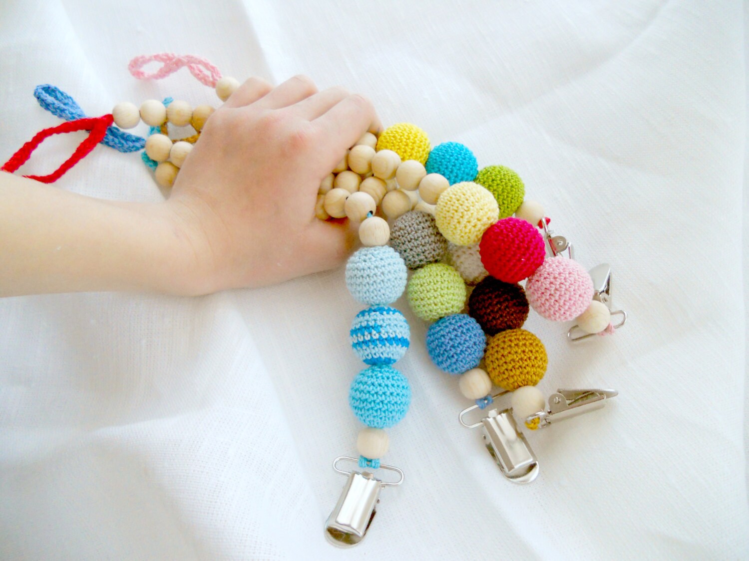 Handmade Pacifier Clip Beaded wooden crochet pacifier holder