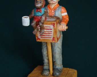 Woodcarving, Organ Grinder, Old time musician. Wood carving by Dennis Millner, Collectable Wood Carving Gift, Gift for Him