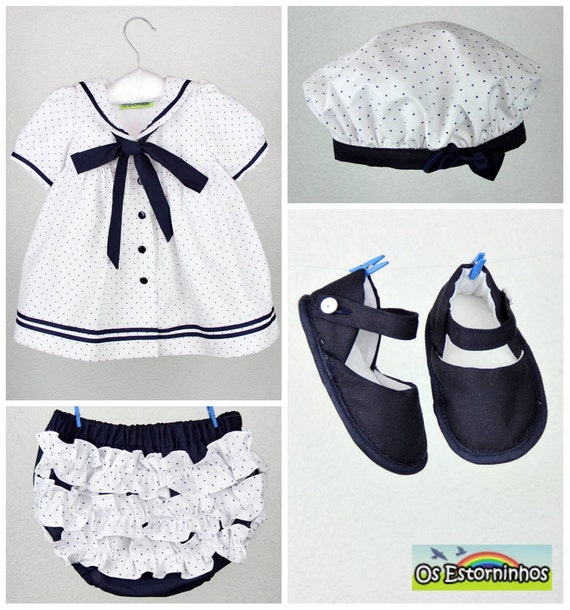 Baby Girl Outfit Baby Girl Sailor dress with navy blue polka