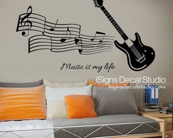 MUSIC WALL DECAL - Guitar Wall Decal - Music Is My Life Decal, Guitar Music Decal, Rock Decal, Teen Kids Boy Girl Vinyl Wall Decal