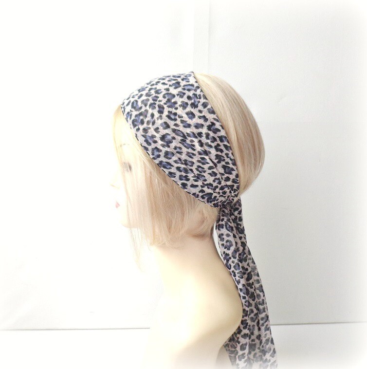 animal print head scarf gray feline head wrap snow leopard
