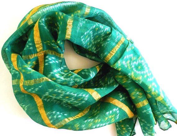 Medium Length Green Scarf, Green Silk Scarf, Accent Scarf, Vintage Sari Scarf, Indian Scarf, Tribal Scarf, Green Gypsy Scarf