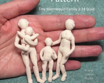 Download PDF 1:24 scale Tiny Mannequin Family pattern tutorial. Posable cloth doll family half inch scale basic bodies man woman child baby