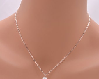 Pearl Necklace - Sterling Silver, Pearl Pendant Necklace, Single Pearl Necklace. Bridesmaid Pearl Necklace, Silver and Pearl Necklace 0086