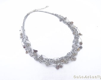 Silver gray stone necklace with crystal on silk thread, Multistrand necklace, agate