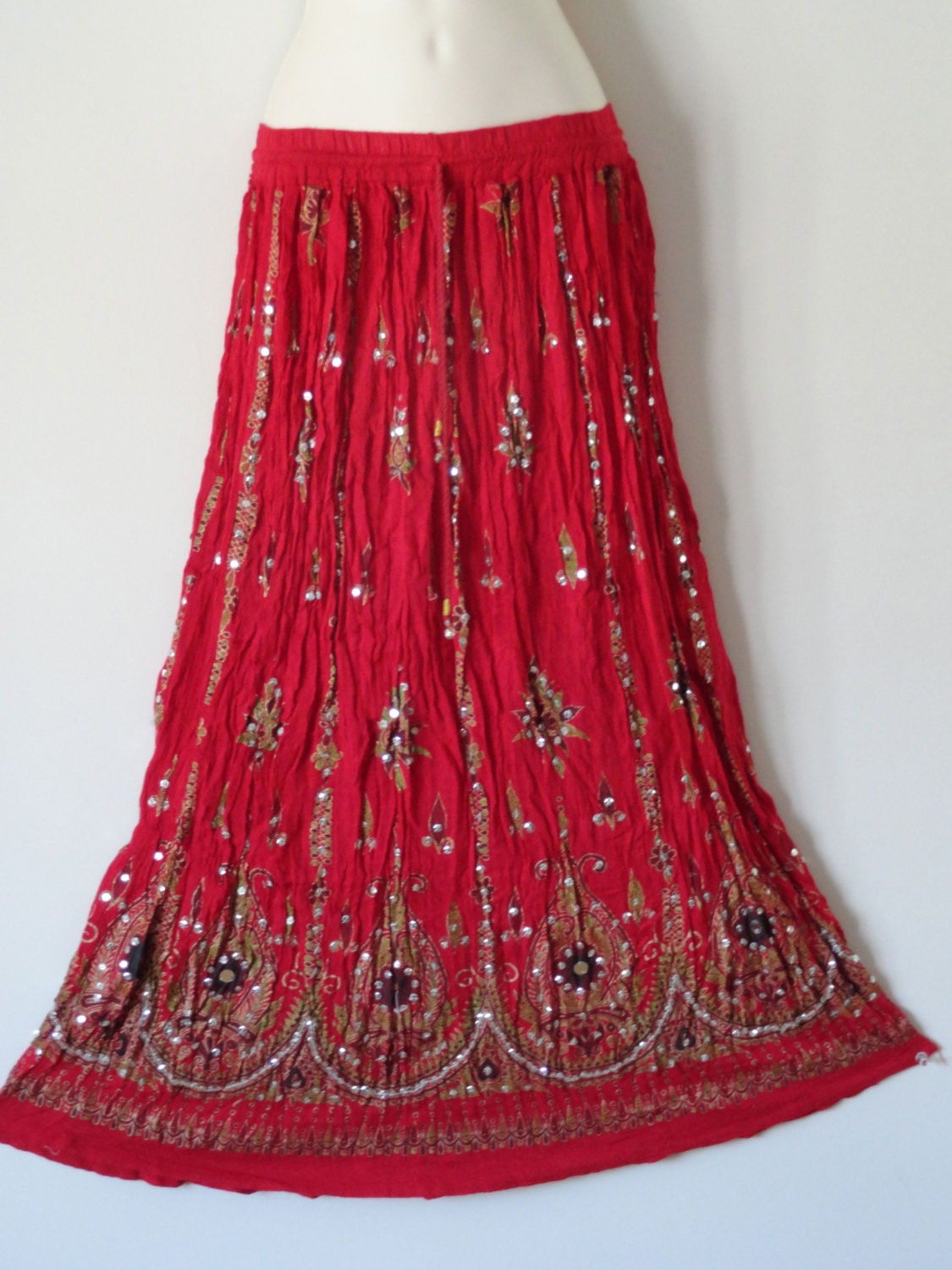 Indian long skirt. Maxi crushed cotton red mirror work skirt.