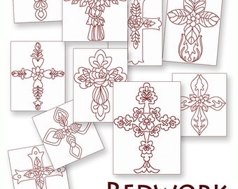 Hand Embroidery Patterns - Redwork Designs - Floral Crosses in 4 Sizes