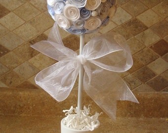 White and Baby Blue Rose Flower topiary for baptism, baby shower ...