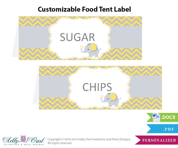 Yellow Gray Elephant Food Tent Label Printable Folded Card, Menu Labels, for Baby Shower or Birthday DIY grey, yellow chevron - sku48bs10 Il_570xn