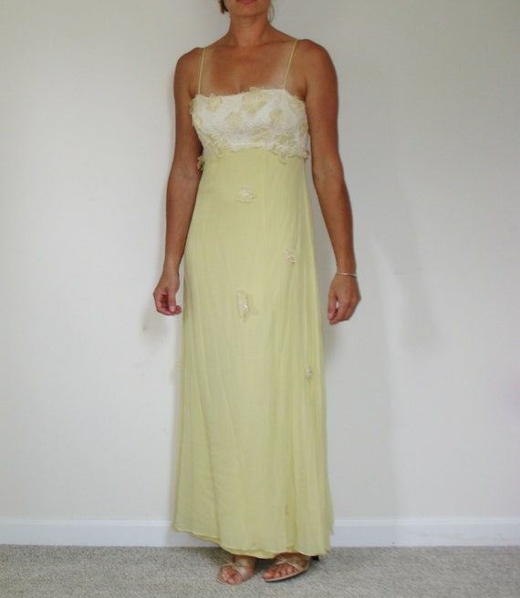 ... College Shop Yellow Chiffon Formal Gown w/ Lace & Flowers Prom Dress