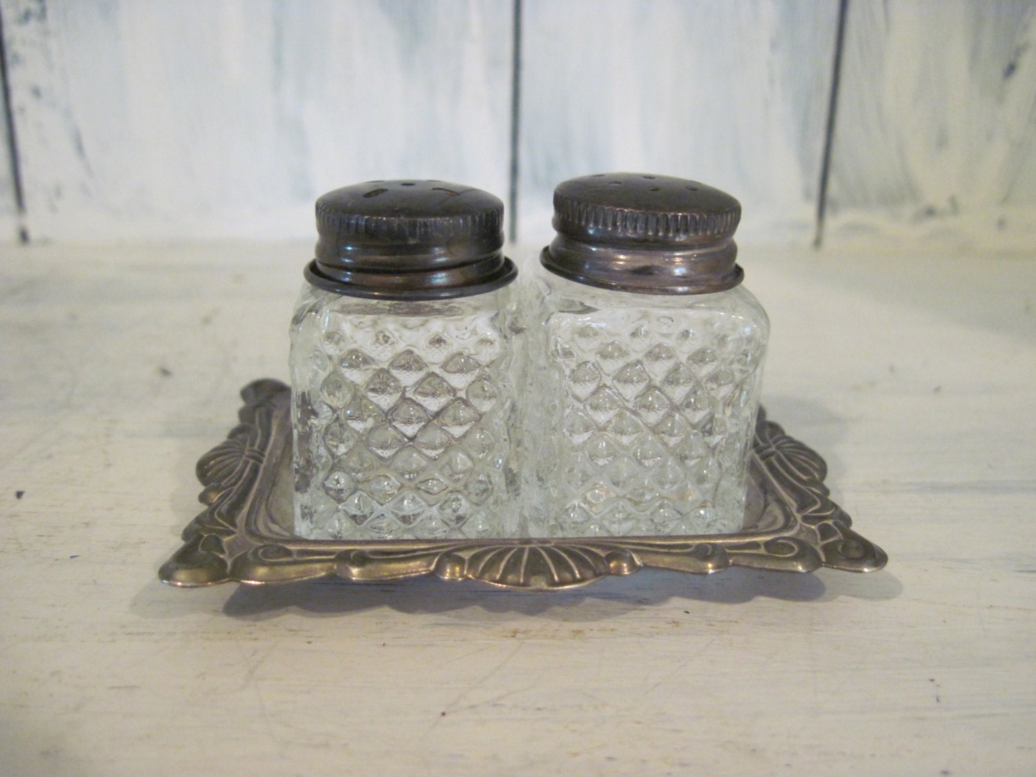 Vintage glass tiny salt and pepper shakers set glass small