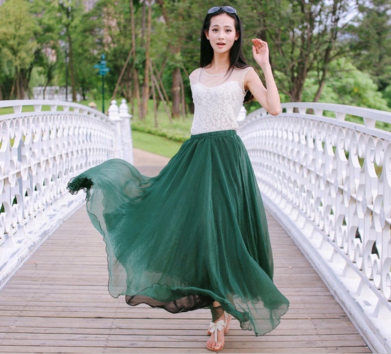 women's Jade green silk Chiffon 8 meters of skirt by colorfulday01