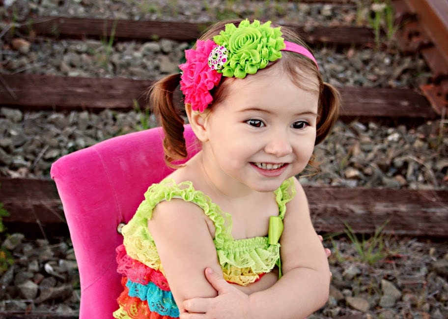 Pink Lime Headband, Glitter Shabby Headband, Bright Summer Headband