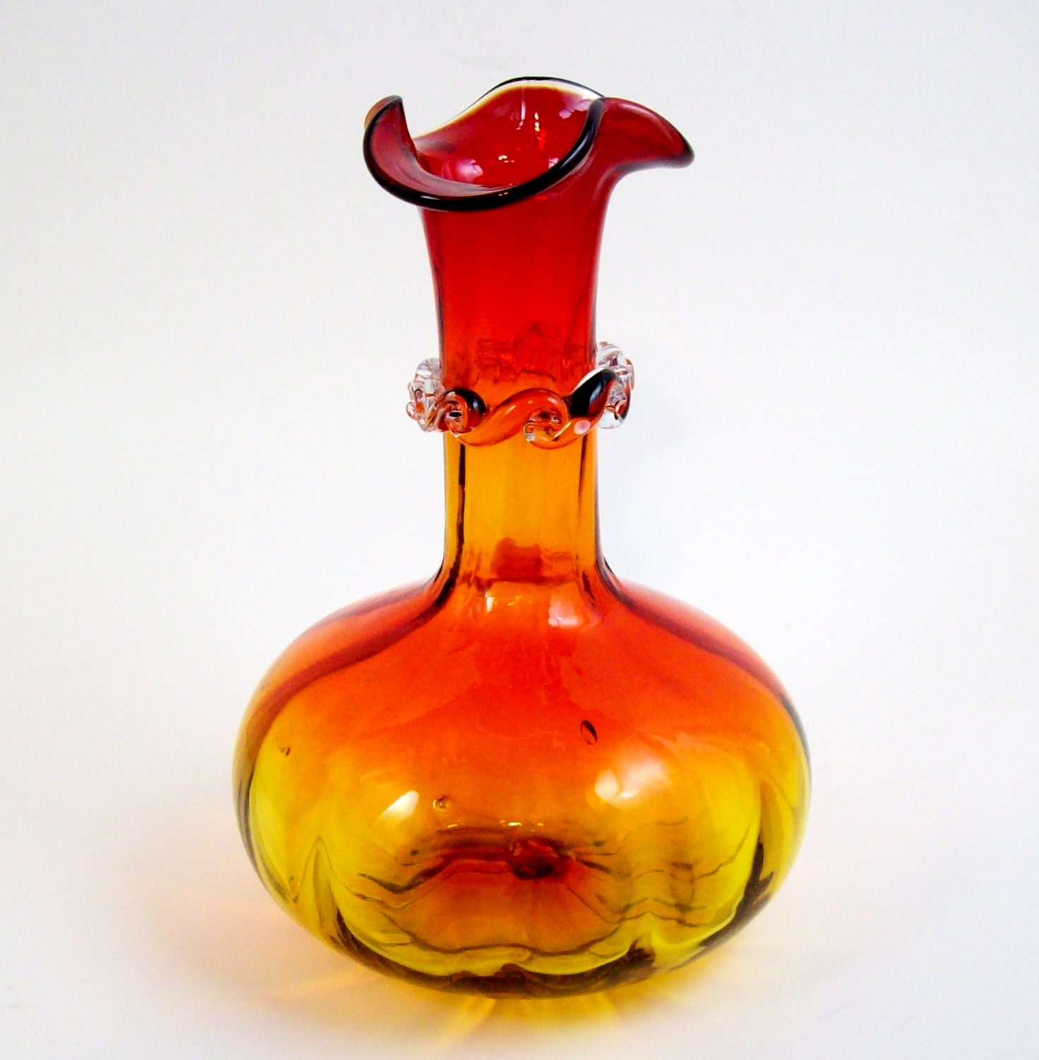 Vintage Amberina Art Glass Vase Red And Yellow Melon Shape