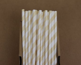 25 ivory striped straws (PS0008) - beige party straws - with printable DIY flags