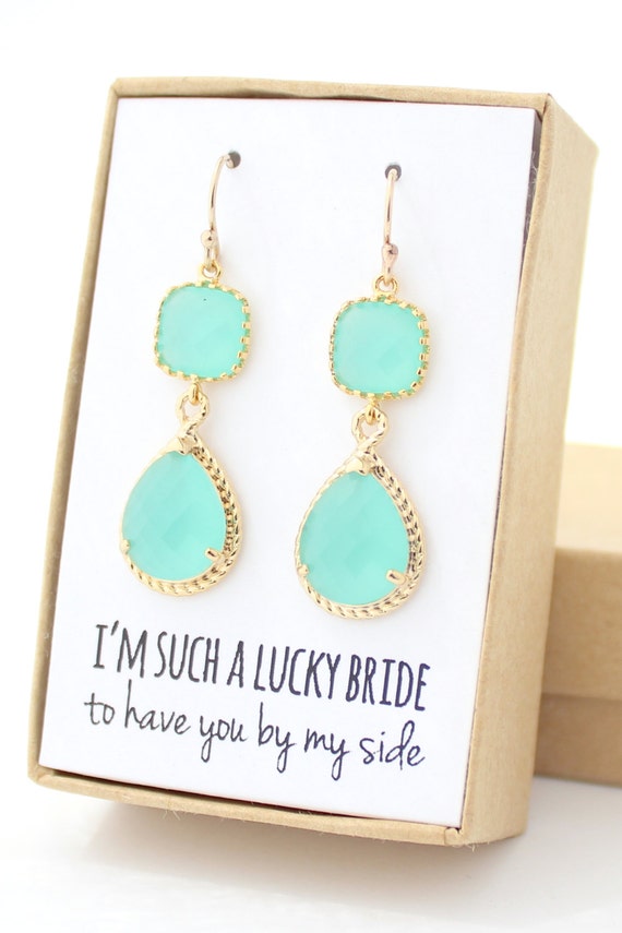 Mint Green / Gold Long Rope Rim Earrings Mint Bridesmaid