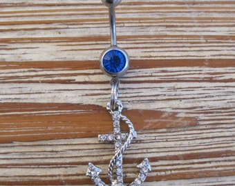 Belly Button Ring - Body Jewelry -Silver Rhinestone Anchor With Rope With Dark Blue Gem Stone Belly Button Ring