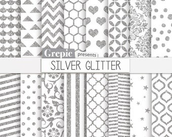 Silver glitter digital paper: "SILVER GLITTER" patterns backgrounds chevron, polkadots, stripes, geometric, quatrefoil, hearts / sparkles