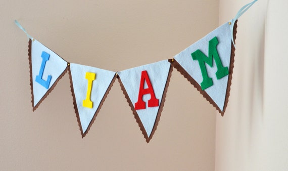 Felt Bunting / Brown Blue Red Yellow & Green Felt Banner / Baby Name / Baby Shower Birthday Decor / Other Colors Available / Party Banners Il_570xn