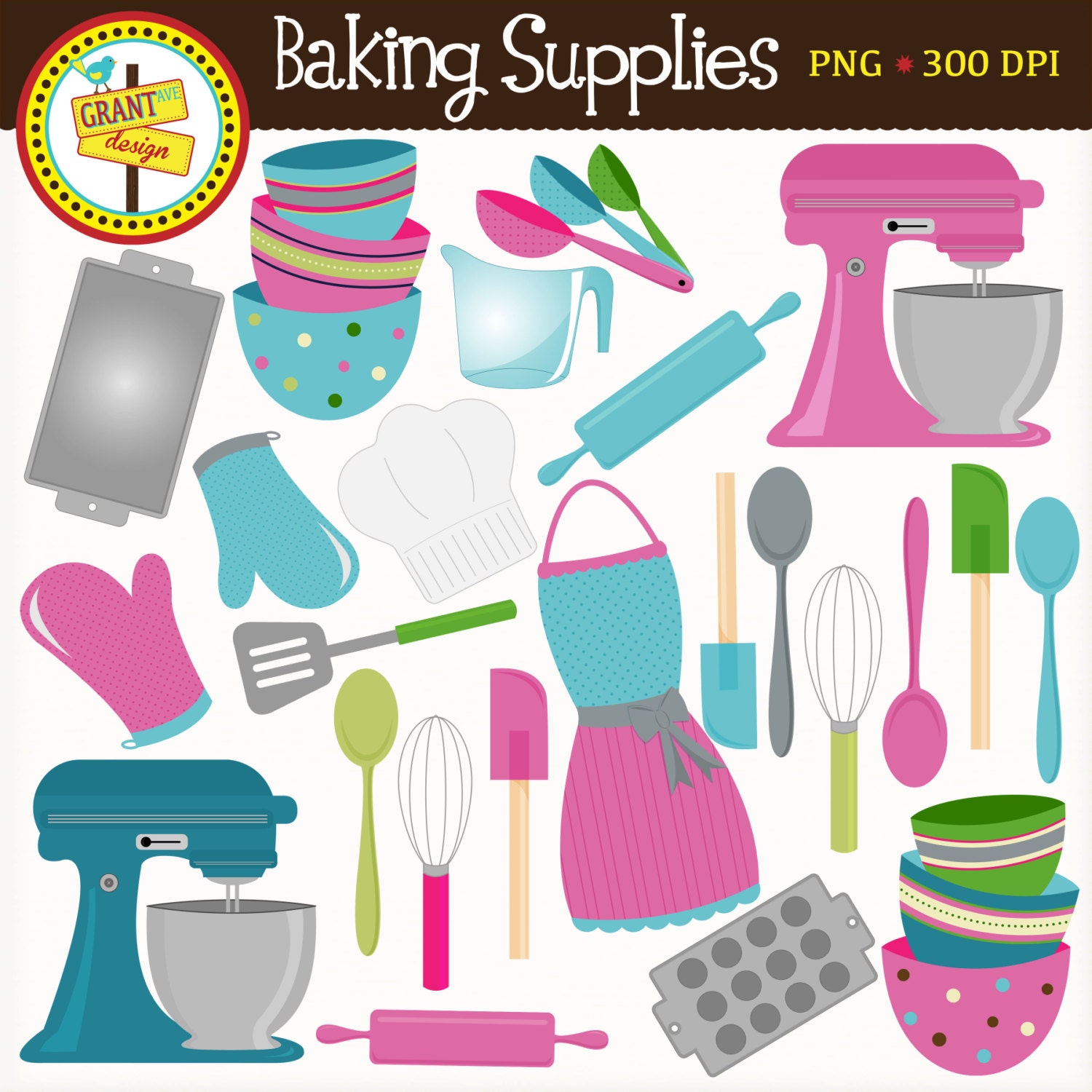 Baking Supplies Clipart Cute Baking Clip Art Pink and Blue
