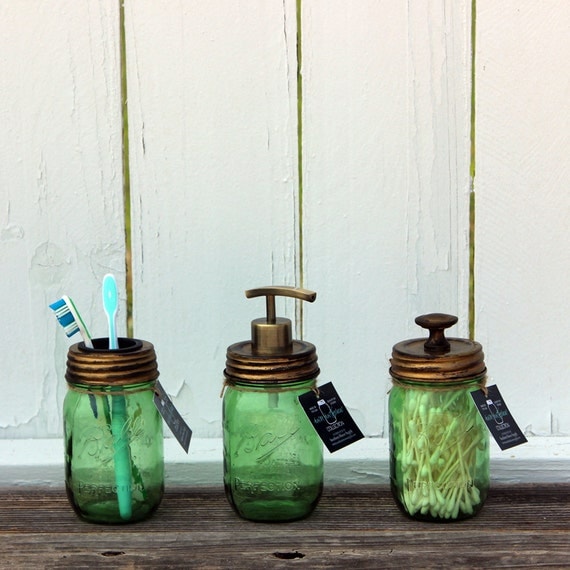 3 Piece Antique Gold Mason Jar Bath Accessory Set  (Green Jars) – Dispenser, Toothbrush, and Storage