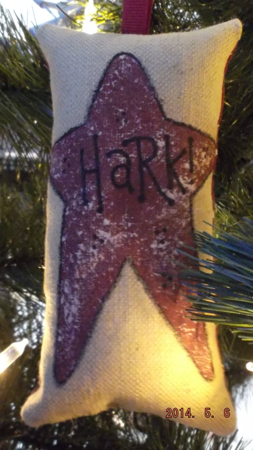 Primitive Burgundy Star "Hark!" Stenciled Pillow Christmas Tree Ornament FREE SHIPPING!