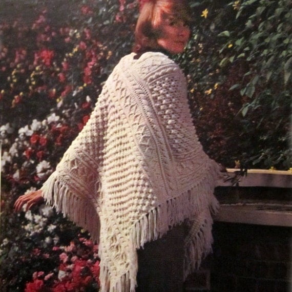 Crochet Pattern ARAN PONCHO Women&#039;s Girls 1970s Fisherman