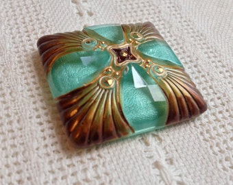 Gorgeous Hand Painted Square Czech Glass Button - 35 mm - Gold, Maroon and Light Teal Green