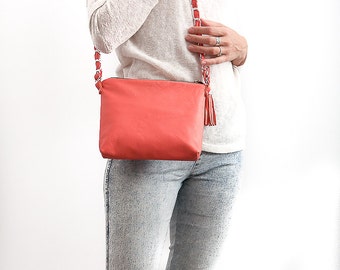 FREE SHIPPING Genuine leather cross body coral bag with tassel / coral purse