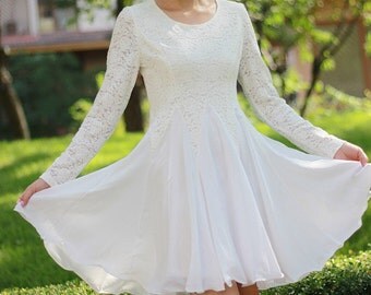 Lace dress, Long Sleeved lace dress,White Lace dress, Little White Dress,White Fit and Flare Dress