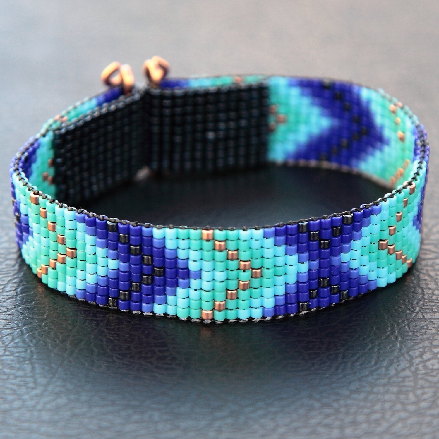 Blue and Copper Chevron Bead Loom Cuff Bracelet Native