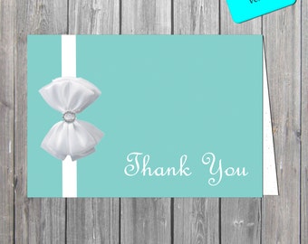 Blue and white bow inspired Thank You Card, Shabby chic Thank You Card DIGITAL FILE also available professionally printed