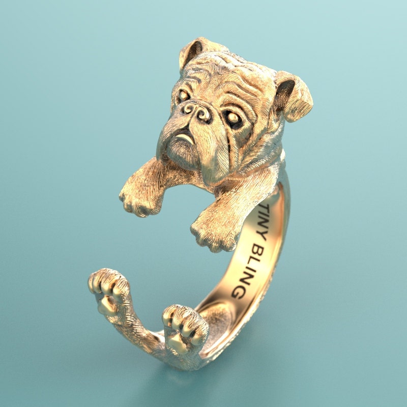 Handmade English Bulldog Ring in Oxidized Golden by TinyBling